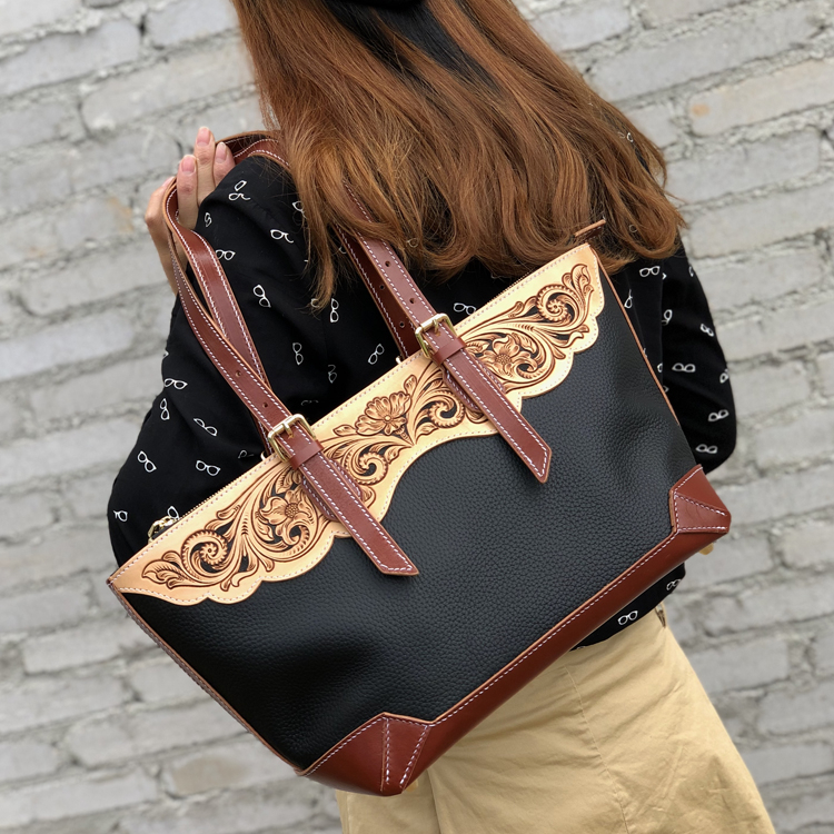 Engraved Leather Tote with Bohemian Touch