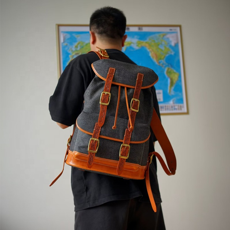 Contemporary Carved Leather Backpack with Nature Motifs