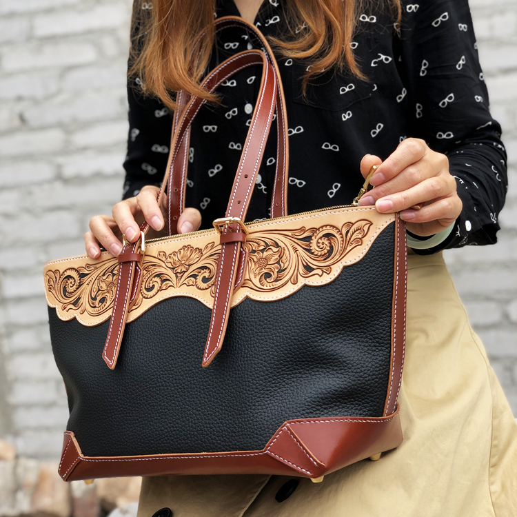 Engraved Leather Tote with Bohemian Touch