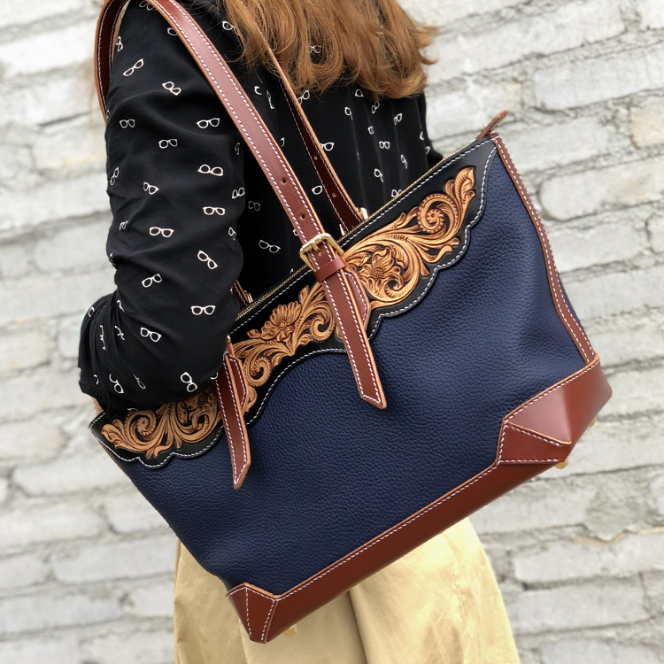 Engraved Leather Tote with Bohemian Touch
