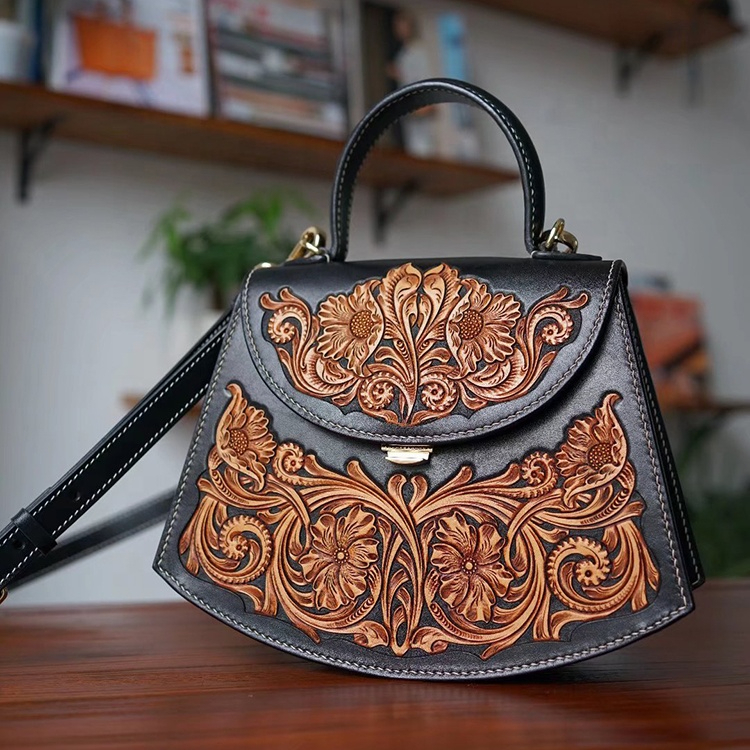 Handmade Leather Bag with Engraved Artwork