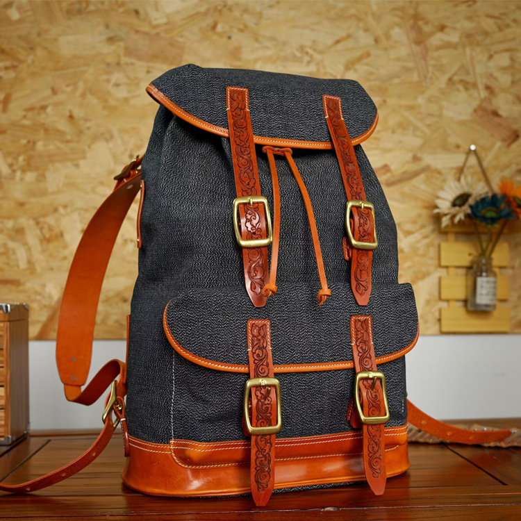 Contemporary Carved Leather Backpack with Nature Motifs